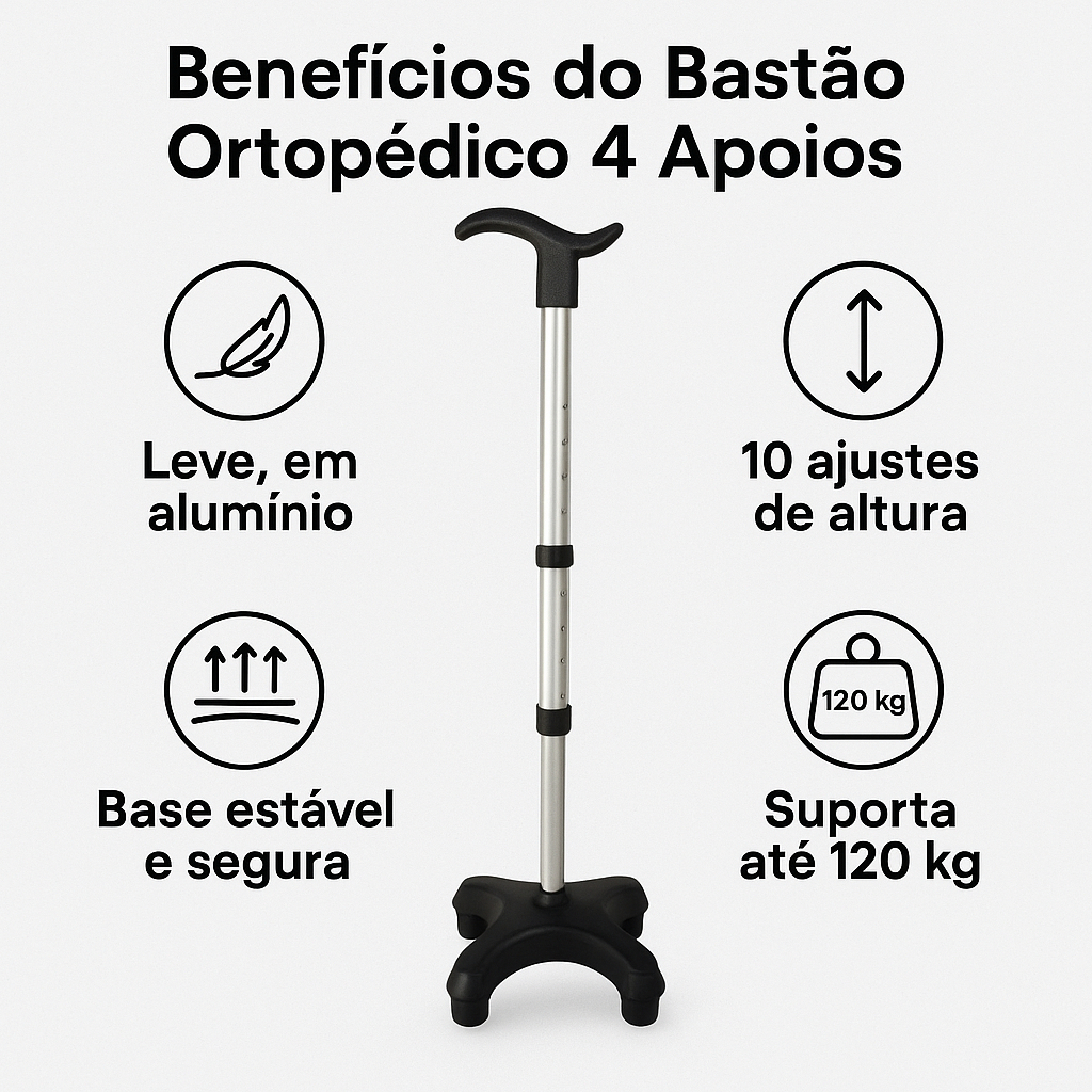 Bengala Bastão Ortopédico 4 Apoios Regulável - Alumínio Premium - Até 120kg - Take Care